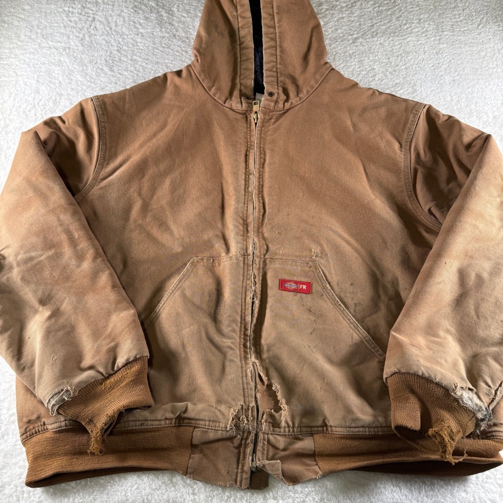 Dickies FR XL Regular Canvas Work Coat Jacket Tan Full Zip Distressed Pockets